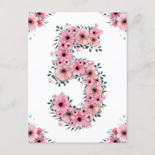 Großer 5. Geburtstag Rosa Blumen Mädchen Grüne Blä Postkarte