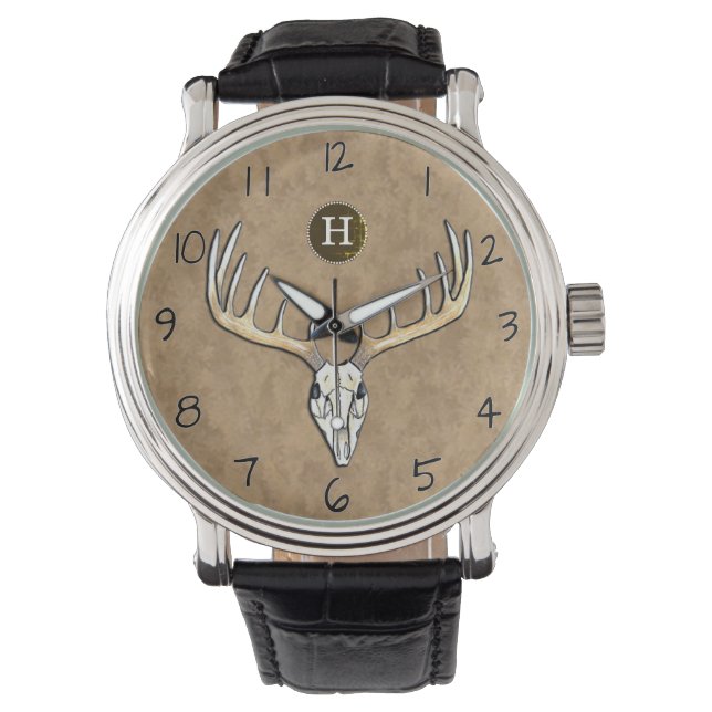 Großer Antler-Whitetail-Hirsch-Skull-Monogramm Armbanduhr (Vorderseite)