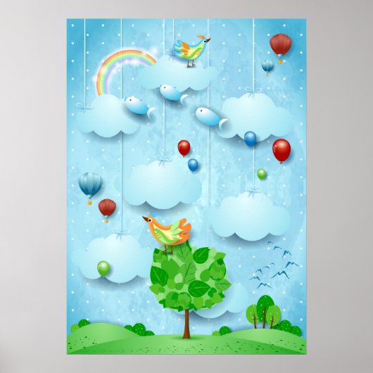 Großer Baum und fliegende Fische Poster (Vorne)