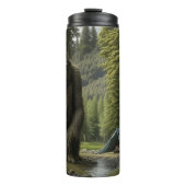 Grosser Bigfoot sitzend im Wald neben einem Zelt Thermosbecher (Vorderseite)