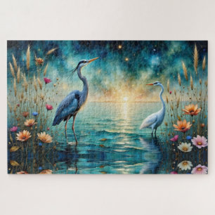 Großer blauer Reiher und Egret Blumen im Wasser Puzzle
