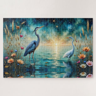 Großer blauer Reiher und Egret Blumen im Wasser Puzzle