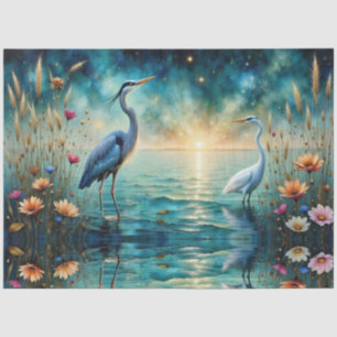 Großer blauer Reiher und Egret Blumen im Wasser Seidenpapier