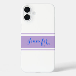 Grosser blauer Skriptname, Lavenderstreifen auf We iPhone 16 Plus Hülle