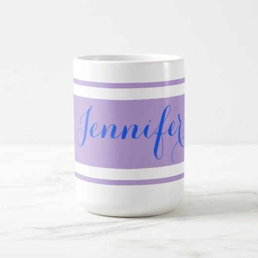 Grosser blauer Skriptname, Lavenderstreifen auf We Kaffeetasse (Mittel)