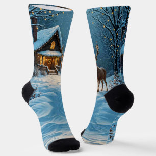 Großer Bock besucht ein verschneites Weihnachten Socken