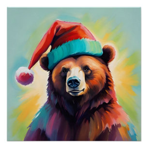 Großer brauner Bär mit Weihnachtsmütze Poster