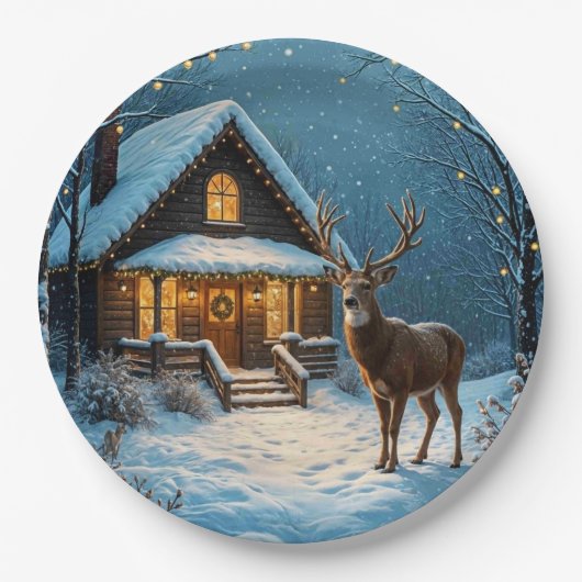 Großer Bucks Weihnachtsbesuch im Schnee Pappteller (Vorderseite)
