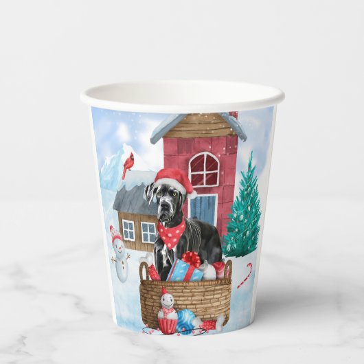 Großer Dane Hund im Schnee Weihnachtshundehaus Pappbecher (Rückseite)