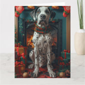 Großer Dane Hund mit Weihnachtsgeschenken Feuerpla Karte (Vorderseite)