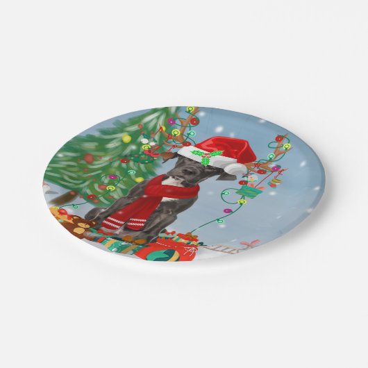 Großer Dane Hund mit Weihnachtsgeschenken Pappteller (Schrägansicht)