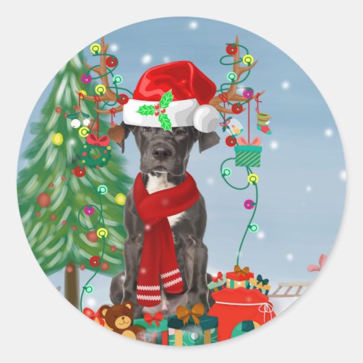 Großer Dane Hund mit Weihnachtsgeschenken Runder Aufkleber (Vorderseite)