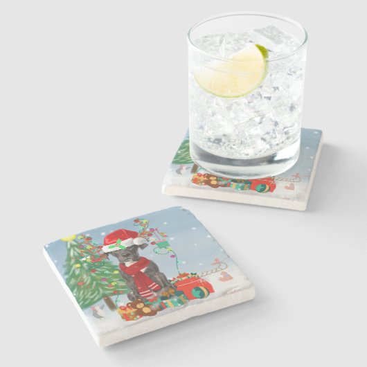 Großer Dane Hund mit Weihnachtsgeschenken Steinuntersetzer (Seitenansicht)