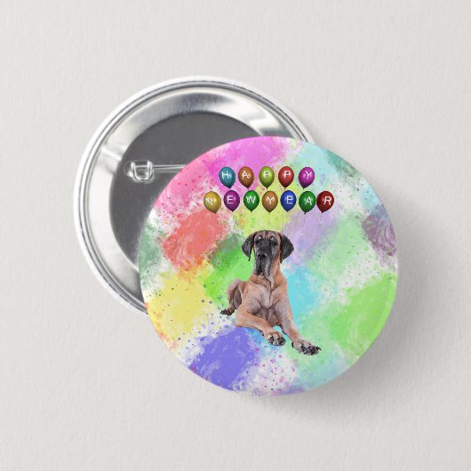 Großer Dane Hund wünscht Glück im neuen Jahr Button (Vorne & Hinten)