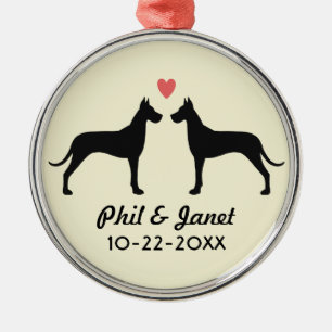 Großer Däne-Silhouetten mit Herzen und Text Silbernes Ornament