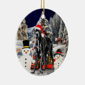 Großer Dänen-Hund im Schnee Weihnachtshut leuchtet Keramik Ornament (Rechts)