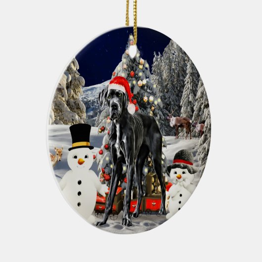 Großer Dänen-Hund im Schnee Weihnachtshut leuchtet Keramik Ornament (Rechts)
