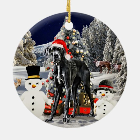 Großer Dänen-Hund im Schnee Weihnachtshut leuchtet Keramik Ornament (Hinten)