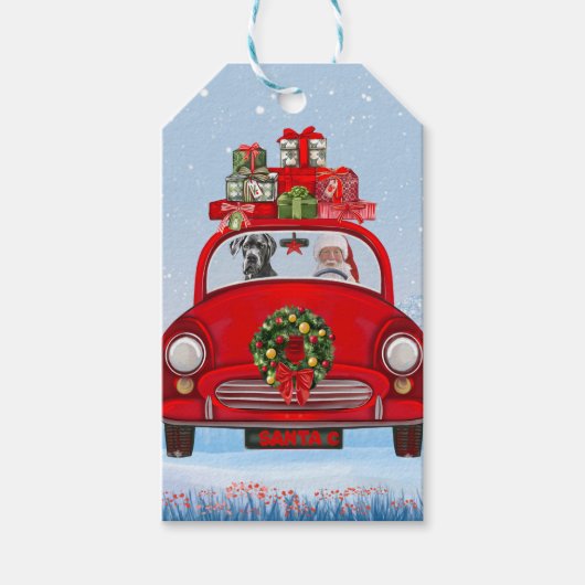 Großer Dänen-Hund in Auto mit dem Weihnachtsmann Geschenkanhänger (Vorderseite)