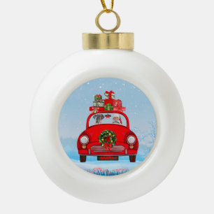 Großer Dänen-Hund in Auto mit dem Weihnachtsmann Keramik Kugel-Ornament