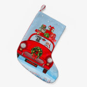 Großer Dänen-Hund in Auto mit dem Weihnachtsmann Kleiner Weihnachtsstrumpf (Vorderansicht (hängend))