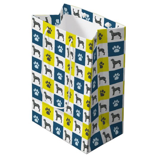 Großer Dog & Paw Print Yellow Grid Silhouette Mittlere Geschenktüte (Vorderseite Schrägansicht)
