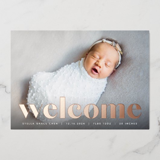 Großer Empfang | Rose Gold Foil Geburtserklärung Folieneinladung (Vorderseite)