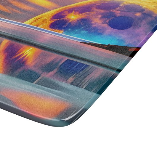 Grosser farbiger Mond erhebt sich über Wasser - re Schneidebrett (Ecke)