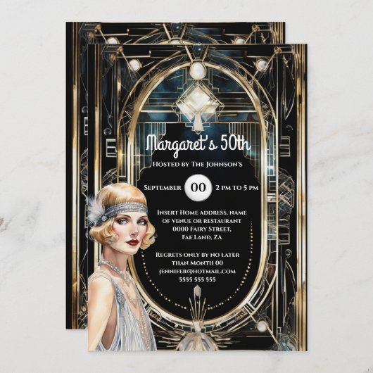 Großer Gatsby-Goldflapper der 1920er Jahre Einladung (Vorne/Hinten)