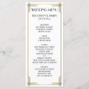 Großer Gatsby Weißer Art Deco Hochzeitsmenükarten Menükarte