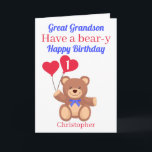 Großer Grandson 1. Bär y Geburtstag Karte<br><div class="desc">Große Grandson Haben Sie eine Bär-y Happy Geburtstagskarte mit einem Teddybär mit 2 roten Herzblasen im Alter des Geburtstagsjungen . Ein lustiges Wortspiel. Eine tolle Karte, die Sie Ihrem Urenkel schicken können, um seinen Geburtstag zu feiern. Alle Texte können geändert werden, um die Karte anzupassen, dann personalisieren, indem Sie den...</div>