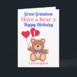 Großer Grandson 1. Bär y Geburtstag Karte<br><div class="desc">Große Grandson Haben Sie eine Bär-y Happy Geburtstagskarte mit einem Teddybär mit 2 roten Herzblasen im Alter des Geburtstagsjungen . Ein lustiges Wortspiel. Eine tolle Karte, die Sie Ihrem Urenkel schicken können, um seinen Geburtstag zu feiern. Alle Texte können geändert werden, um die Karte anzupassen, dann personalisieren, indem Sie den...</div>