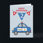 Großer Grandson 2. Geburtstag Blaue Polizeiwagen Karte<br><div class="desc">Dieses blaue Polizeiauto wird Ihren Urenkel sicherlich an seinem 2. Geburtstag begeistern. Mit zwei Jahren werden Autos und Rettungsfahrzeuge erkannt und geliebt. Über dem Polizeiauto hängt eine Hängelflagge mit seinem 2. Lebensjahr, die auf beiden Seiten mit Sternenflaggen versehen ist. Der Hintergrund hat subtile Punkte auf der hellblauen Farbe. Perfekte Karte,...</div>