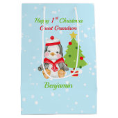 Großer Grandson Happy 1. Weihnachtspenguin Mittlere Geschenktüte (Rückseite)