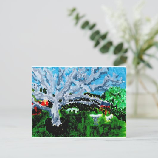 Grosser grauer Baum mit Sitzbänken Postkarte (Stehend Vorderseite)