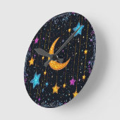 Großer Halbmond und zahlreiche Sterne Runde Wanduhr (Winkel)