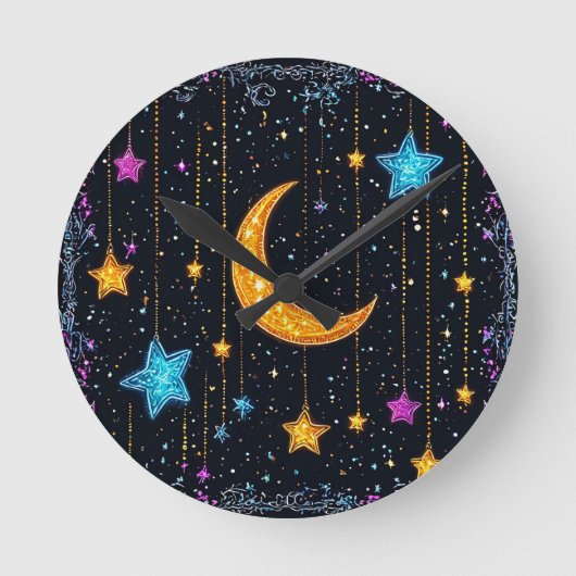 Großer Halbmond und zahlreiche Sterne Runde Wanduhr (Vorderseite)