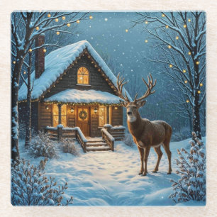 Großer Hirsch besucht an Weihnachten im Schnee Glasuntersetzer