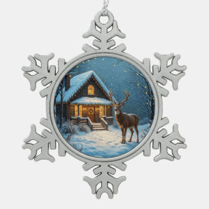 Großer Hirsch besucht an Weihnachten im Schnee Schneeflocken Zinn-Ornament