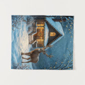 Großer Hirsch besucht an Weihnachten im Schnee Wandteppich (Vorderseite (Horizontal))