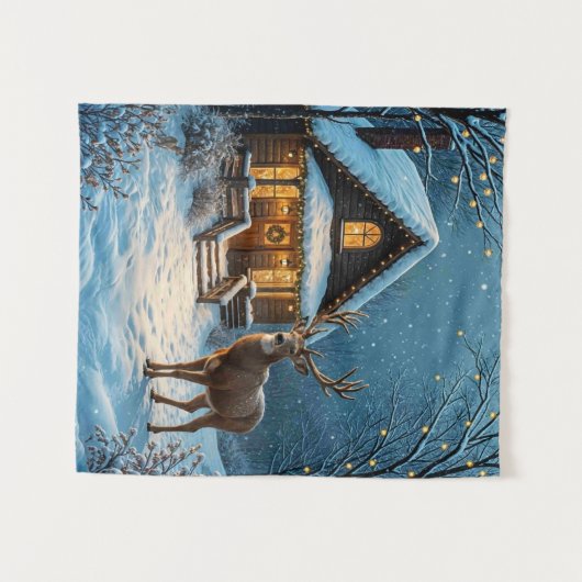 Großer Hirsch besucht an Weihnachten im Schnee Wandteppich (Vorderseite (Horizontal))