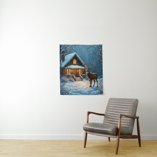 Großer Hirsch besucht an Weihnachten im Schnee Wandteppich (Beispiel)