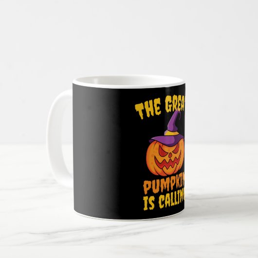 Großer Kürbis ruft, lustiger Halloween Kaffeetasse (Vorderseite Links)