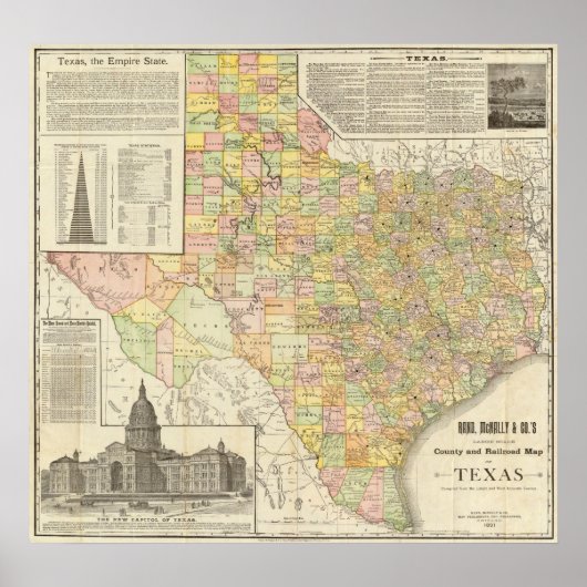 Grosser Landkreis- und Eisenbahnplan von Texas Poster (Vorne)