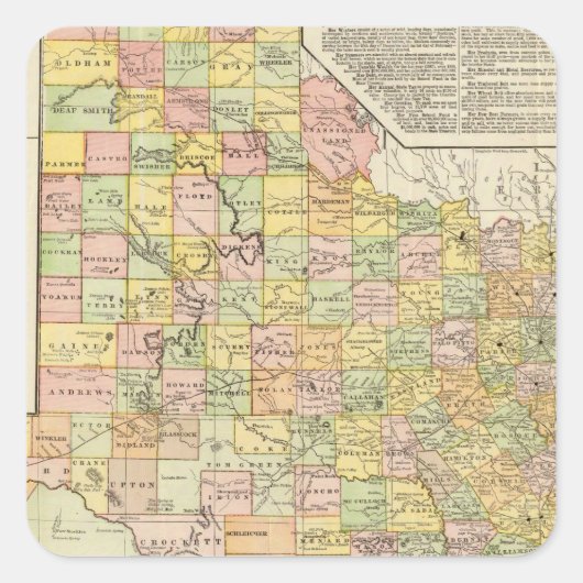 Grosser Landkreis- und Eisenbahnplan von Texas Quadratischer Aufkleber (Vorderseite)