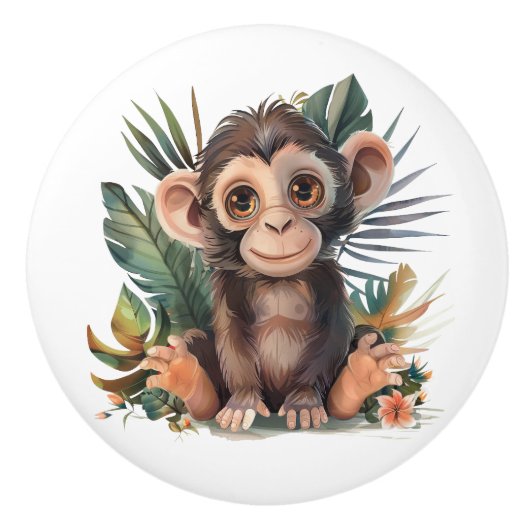 Grosser Mit Augen brauner Affe im Dschungel-Blätte Keramikknauf (Vorderseite)