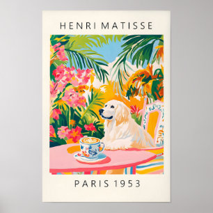Großer Pyrenäen Hund trinkt Kaffee, Lustiger Hunde Poster