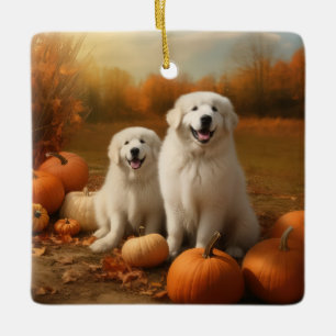 Großer Pyrenäen Welpe Herbstfreude Kürbis Keramikornament