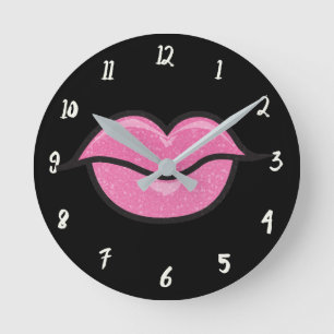 Großer Rosa Glitter Lippen Lippenstift Kuss Glamou Runde Wanduhr
