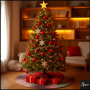 Großer Roter Salbei Brauner Vertikaler Tartan Polyester Weihnachtsbaumdecke